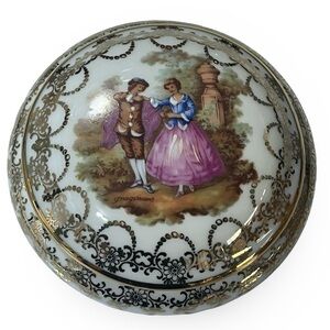 Vintage Limoges White and Gold Fragonard Hand Painted Lidded Trinket Bowl